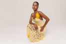 Handmade butter yellow chrysanthemum crochet midi dress by Andreeva, featuring intricate floral pattern and elegant length.