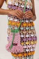 Handmade crochet mini bucket bag with top handle by Andreeva, featuring intricate crochet details and a compact design.