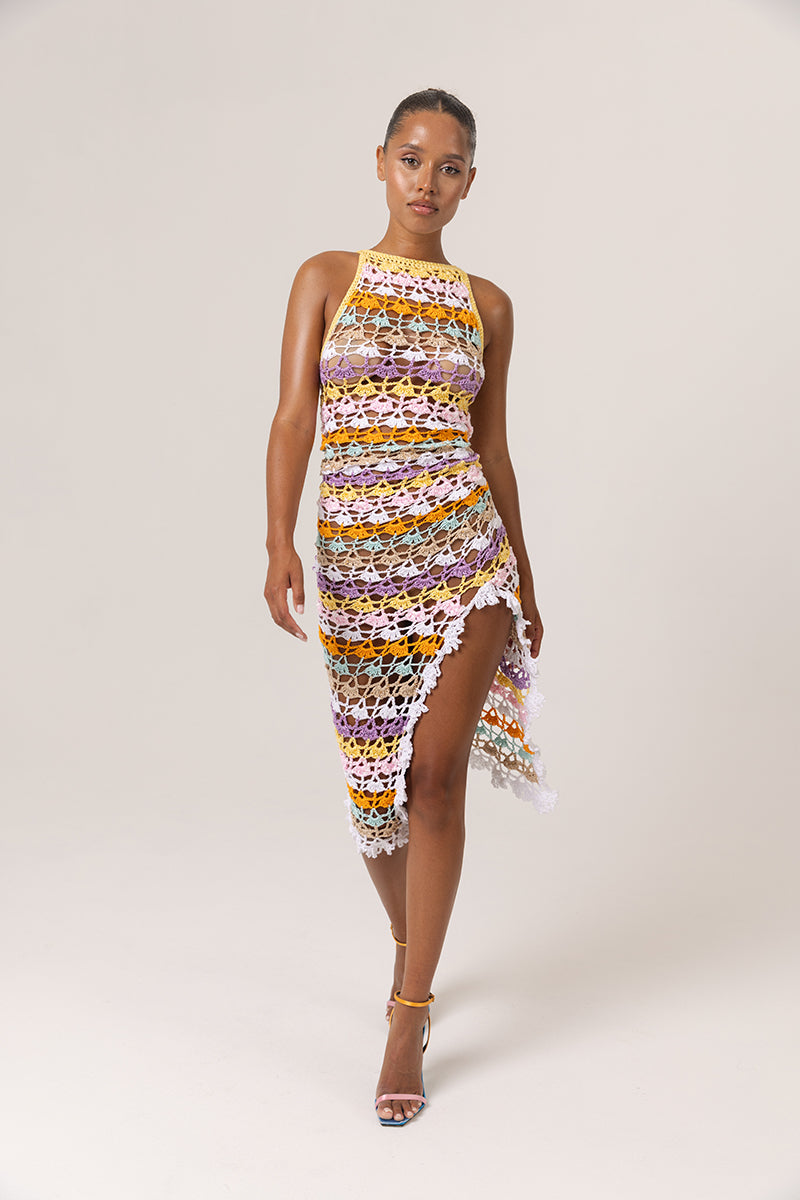 RAINBOW HANDMADE CROCHET MIDI DRESS | CULT MIA RAINBOW HANDMADE CROCHET MIDI DRESS | CULT MIA