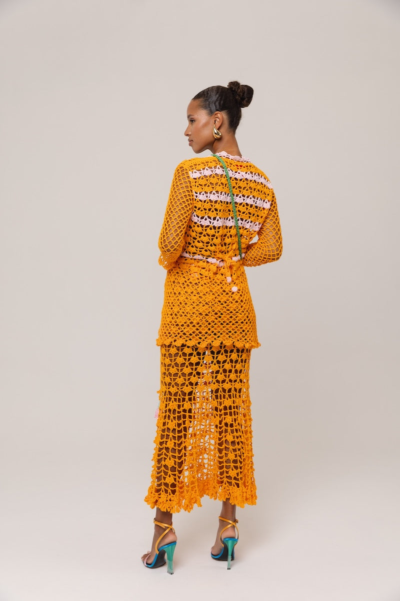 Handmade orange crochet shirt featuring California poppy design from Andreeva, casual and vibrant women's apparel.