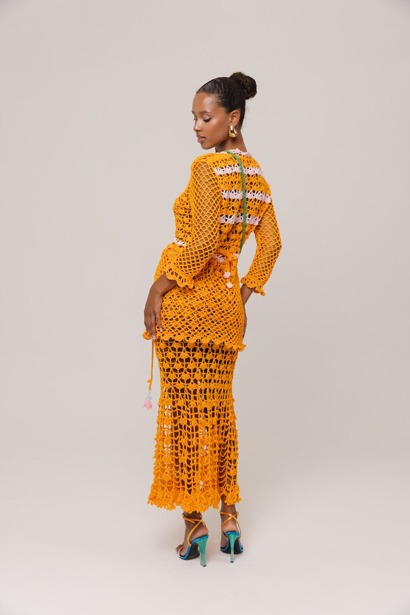 Orange handmade crochet shirt with California poppy pattern by Andreeva, featuring intricate crochet details and vibrant floral design.