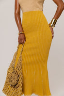 Golden Hour metallic knit maxi dress by Andreeva, shown in a flowing, shimmering fabric with a fitted waist and elegant neckline.