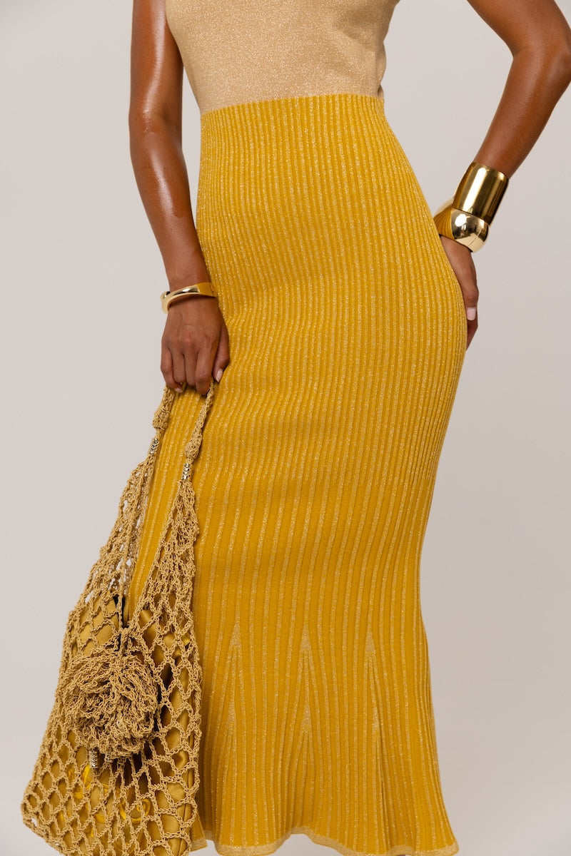 Golden Hour metallic knit maxi dress by Andreeva, shown in a flowing, shimmering fabric with a fitted waist and elegant neckline.