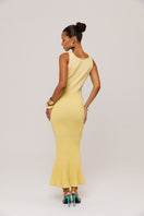 Yellow metallic knit maxi dress by Andreeva featuring a fitted silhouette and elegant, shimmering fabric.