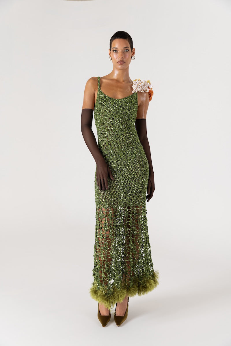 CHRYSANTHEMUM GREEN MAXI HANDMADE CROCHET DRESS