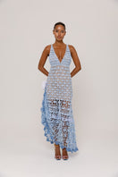 Handmade metallic iris crochet maxi dress by Andreeva featuring intricate crochet details and a flowing design.