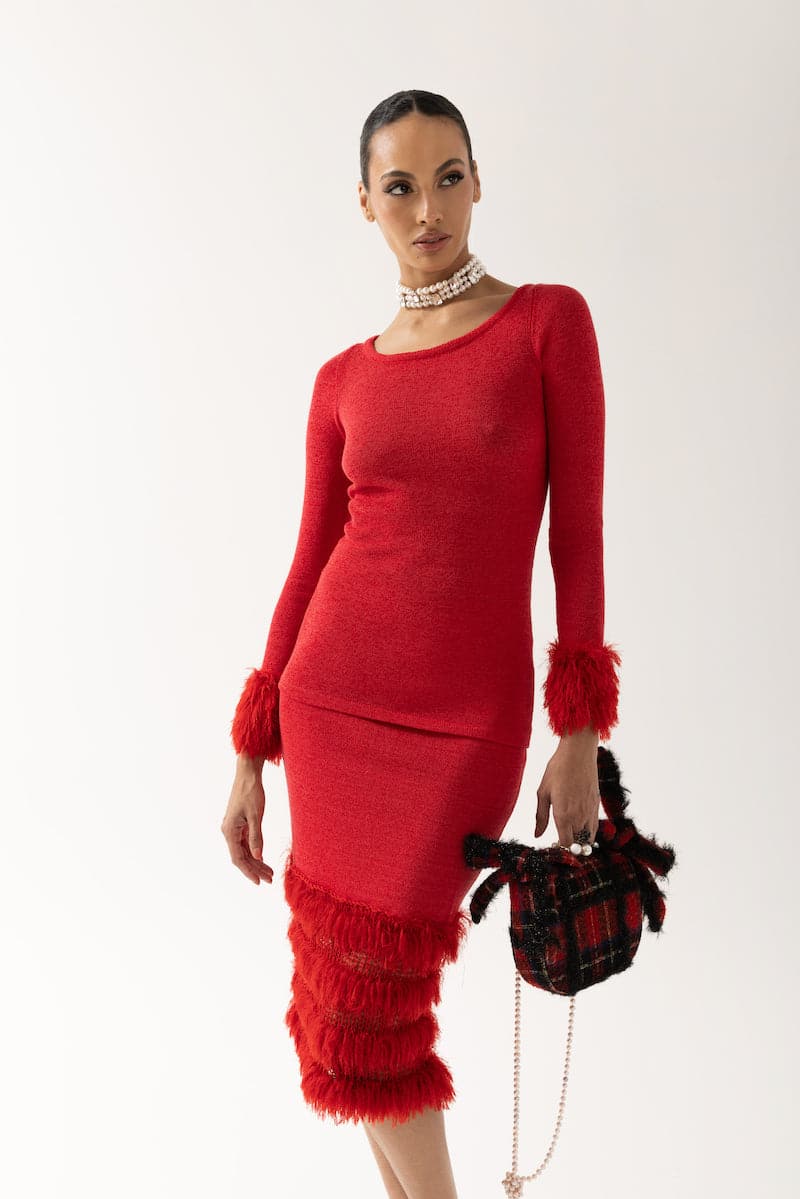 Andreeva red knit top featuring handmade knit details, long sleeves, and a cozy, stylish design for casual wear.