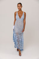 Handmade metallic iris crochet maxi dress by Andreeva, featuring intricate crochet details and a flowing silhouette.