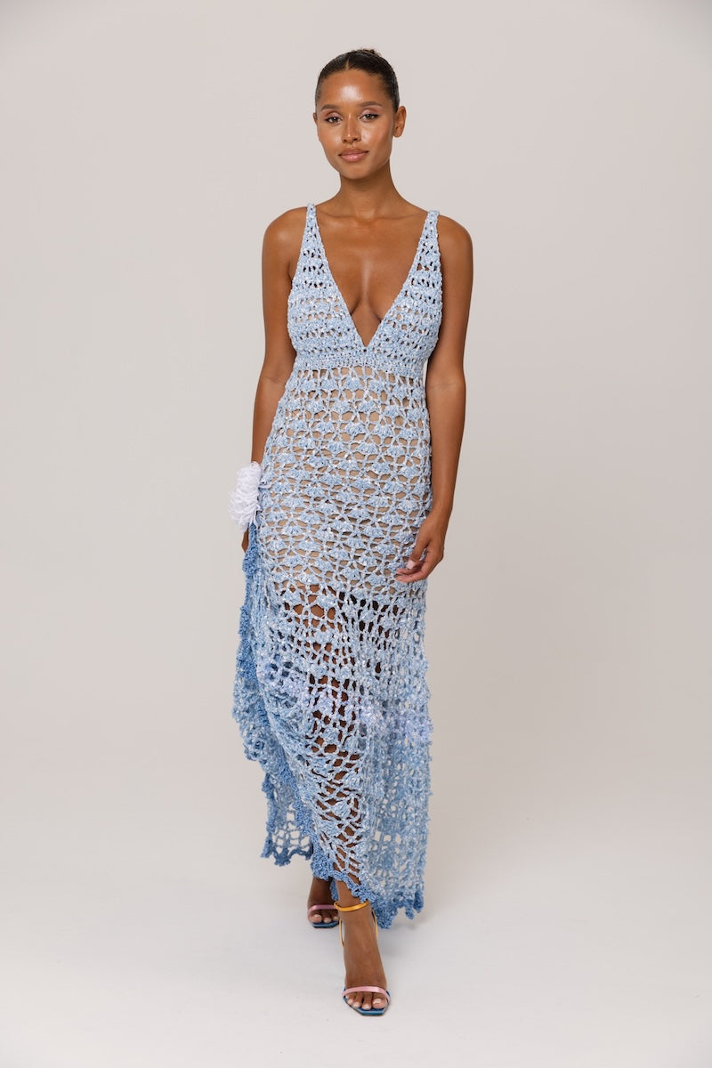 Handmade metallic iris crochet maxi dress by Andreeva, featuring intricate crochet details and a flowing silhouette.