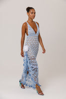 Metallic iris handmade crochet maxi dress by Andreeva, featuring intricate crochet details and flowing fabric.