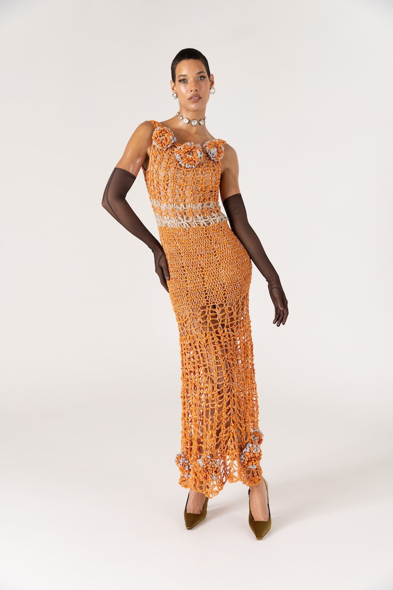 ORANGE CHRYSANTHEMUM HANDMADE MAXI CROCHET DRESS - CULT MIA