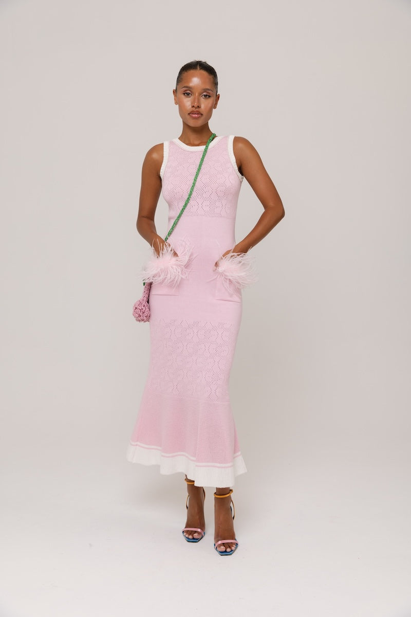 PEONY KNIT DRESS WITH REAL OSTRICH FEATHER DETAILS