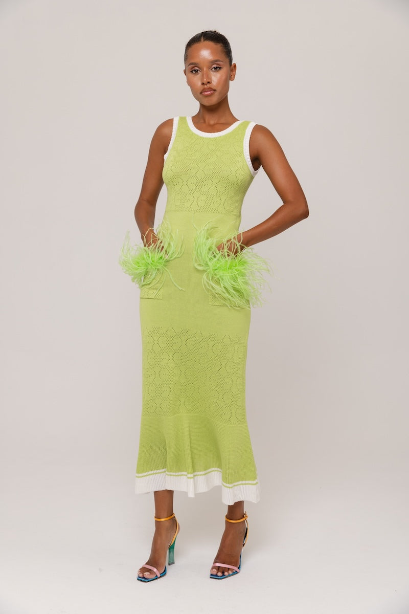 green dress with feather trim Dazzling Sequins Vine Feather Trim Bodycon Dress in Dark Green Green S