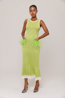 Andreeva apple green knit midi dress displayed on a hanger, showcasing its stylish and comfortable design.