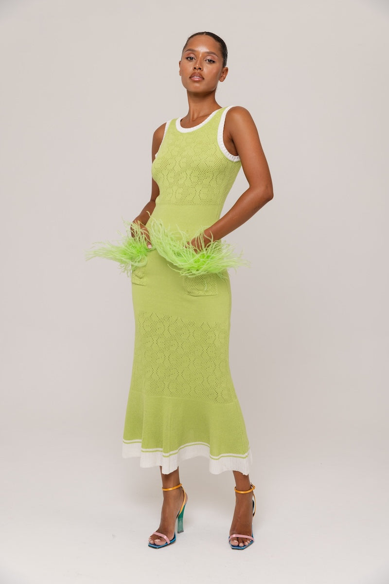 APPLE GREEN DRESS WITH REAL OSTRICH FEATHER DETAILS | CULT MIA