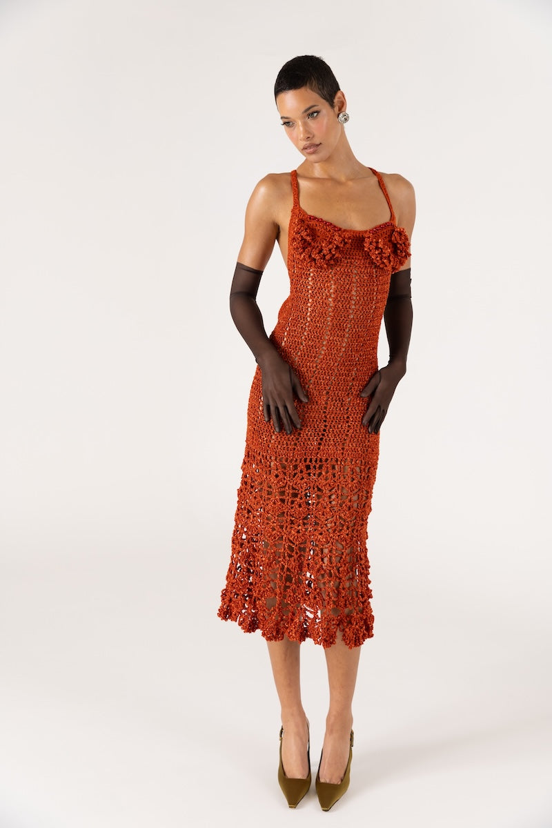 Handmade terracotta crochet chrysanthemum midi dress by Andreeva featuring intricate floral patterns and a fitted silhouette.
