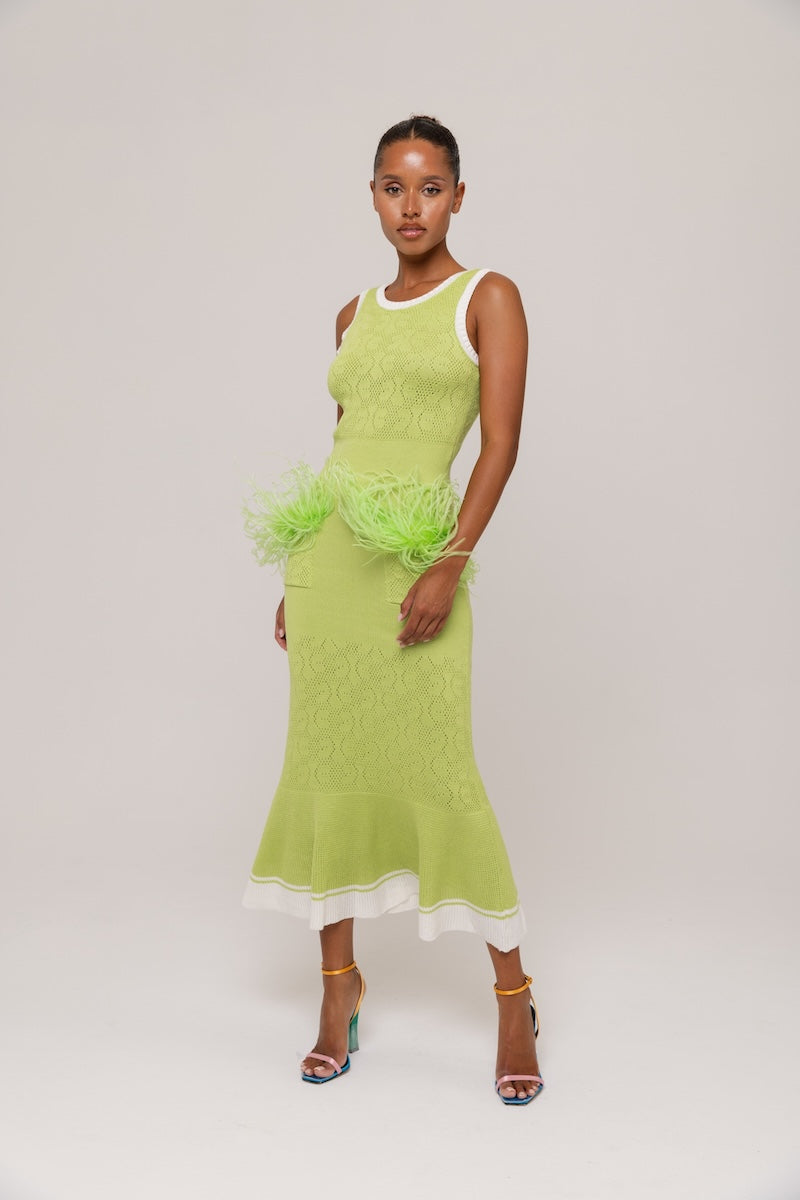APPLE GREEN DRESS WITH REAL OSTRICH FEATHER DETAILS | CULT MIA
