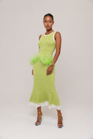 Green knit midi dress by Andreeva featuring a fitted silhouette and long sleeves, perfect for casual or elegant occasions.