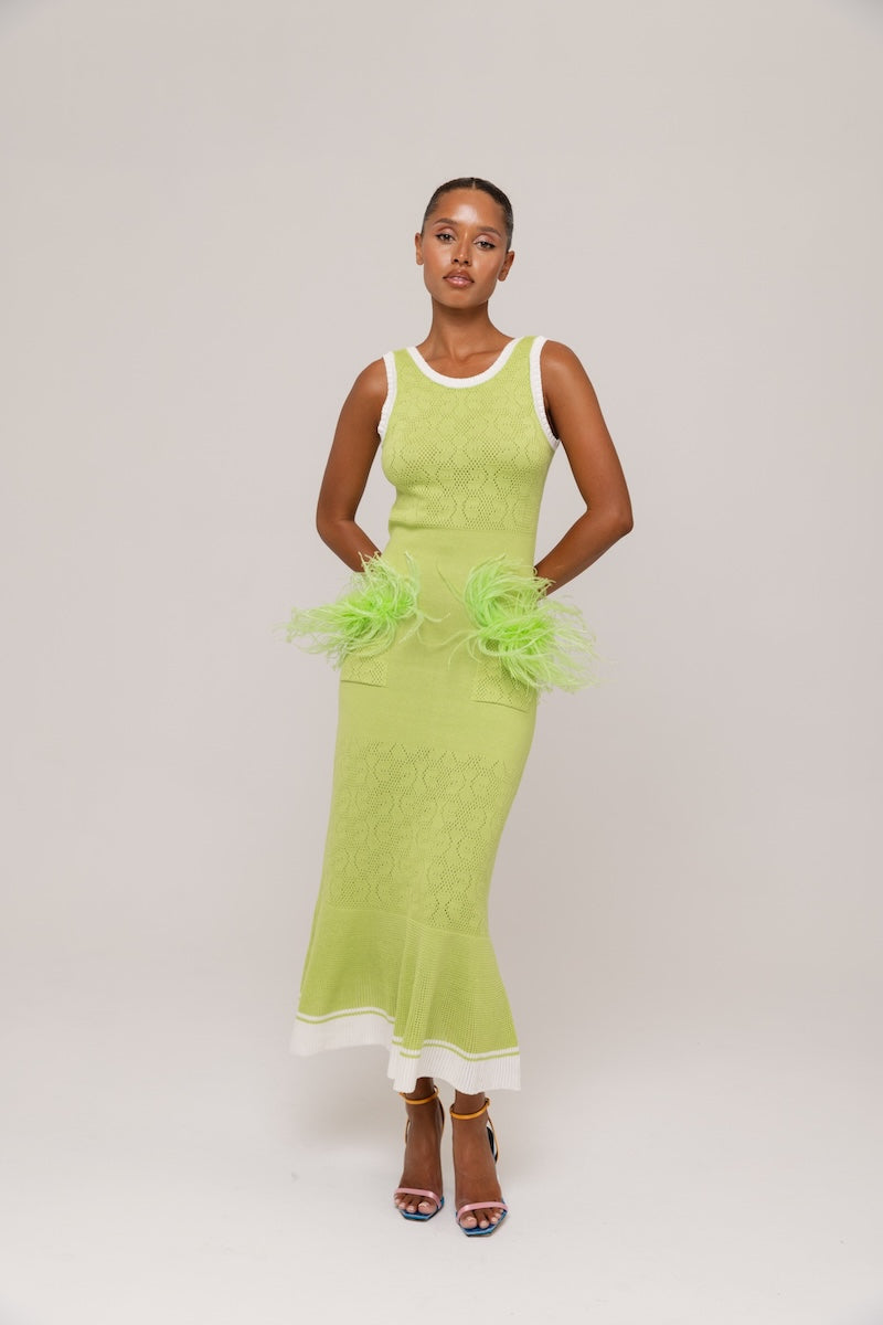 Andreeva APPLE GREEN DRESS WITH REAL OSTRICH FEATHER DETAILS | Cult Mia Andreeva APPLE GREEN DRESS WITH REAL OSTRICH FEATHER DETAILS | Cult Mia
