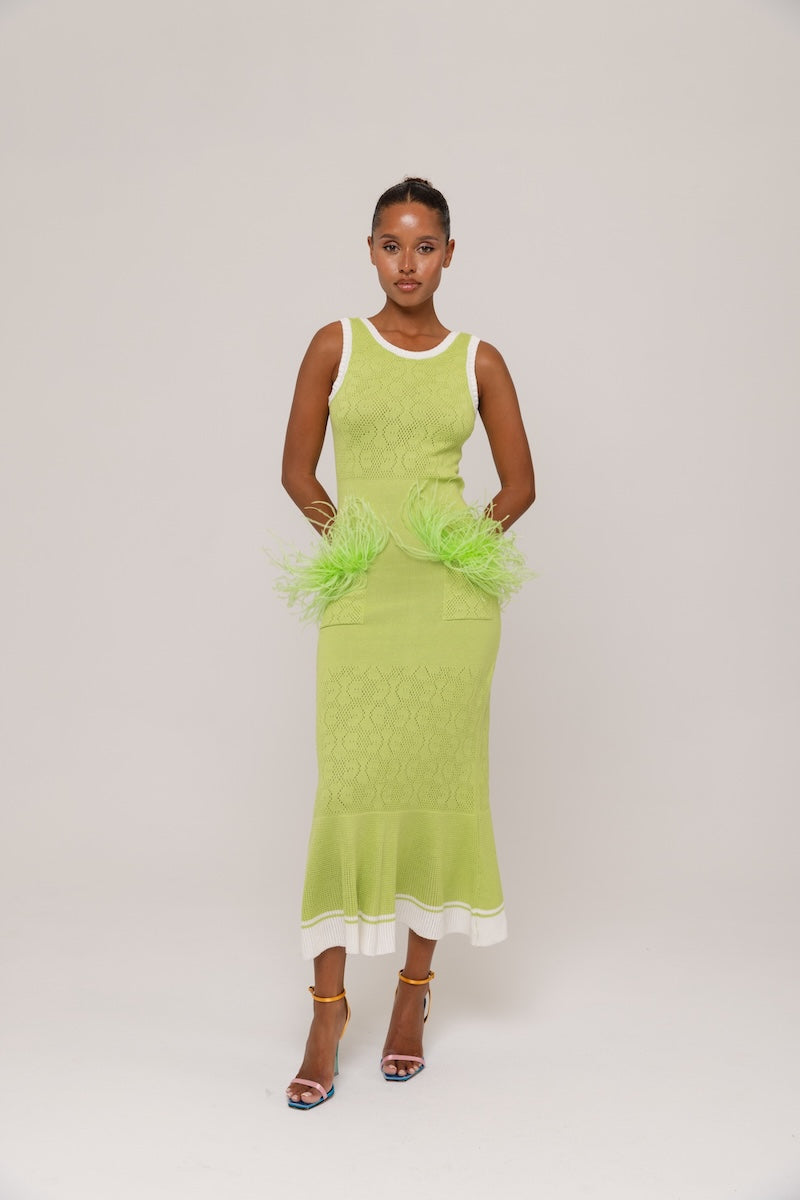 APPLE GREEN DRESS WITH REAL OSTRICH FEATHER DETAILS