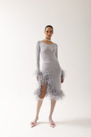 Gray cashmere knit top by Andreeva with removable feather cuffs, featuring a cozy fit and stylish detailing.