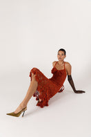 Handmade terracotta crochet chrysanthemum midi dress by Andreeva, featuring intricate floral patterns and a flowing silhouette.
