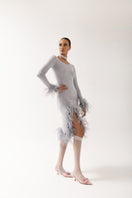 Andreeva grey cashmere knit top with detachable feather cuffs, soft and stylish for a chic, cozy look.