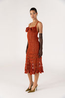 Handmade terracotta chrysanthemum crochet midi dress by Andreeva, featuring intricate floral patterns and a flowing silhouette.