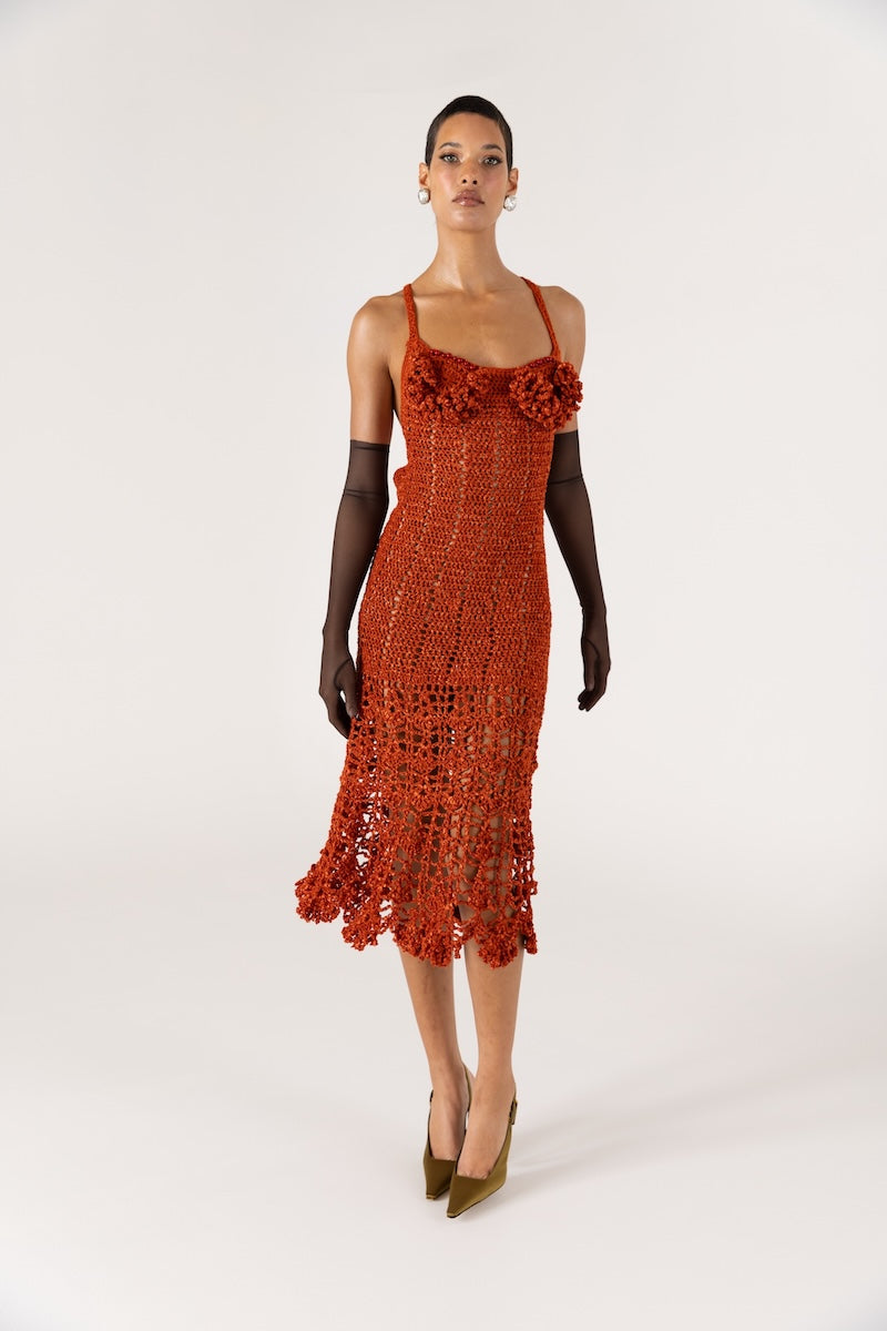 Handmade terracotta chrysanthemum crochet midi dress by Andreeva, showcasing intricate design and textured fabric.
