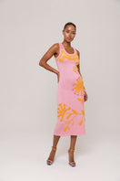 Golden Daisy Knit Dress by Andreeva, a midi dress with handmade embroidery featuring intricate floral details.