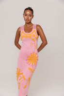 Golden Daisy Knit Dress by Andreeva featuring handmade embroidery, midi length with a soft, textured knit fabric.