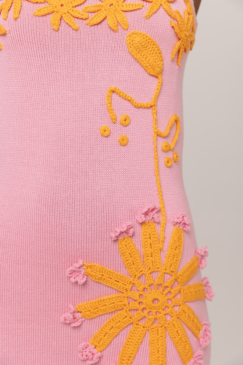 Golden Daisy knit midi dress by Andreeva featuring handmade embroidery, displayed on a mannequin.