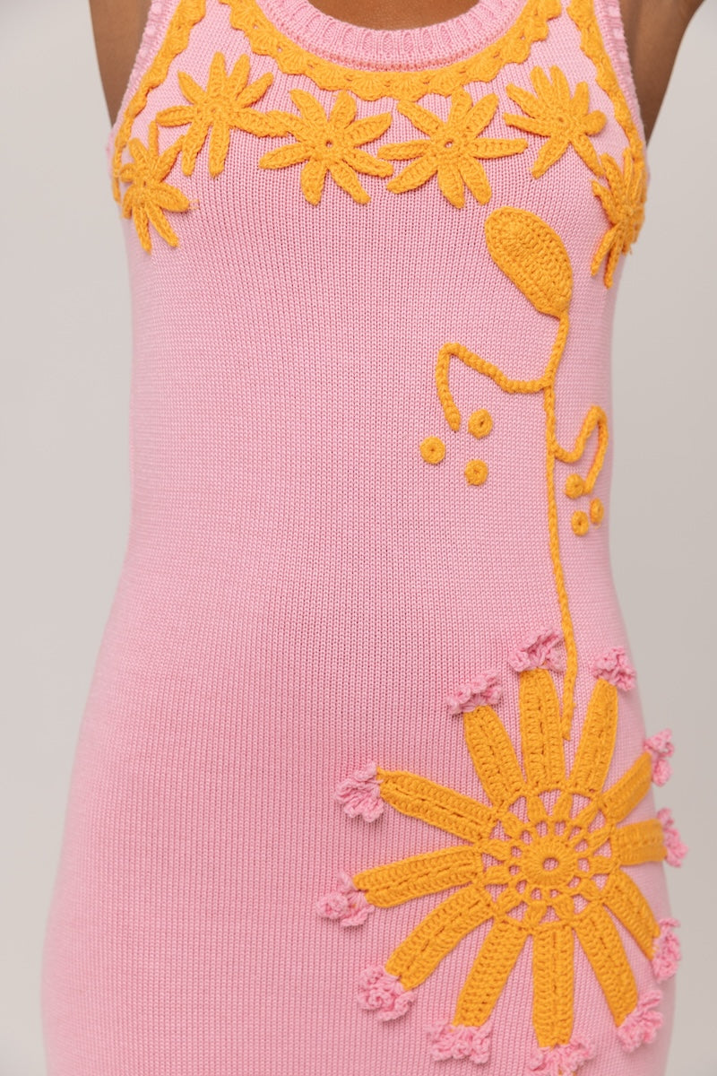 Golden Daisy Knit Dress by Andreeva, a midi dress featuring intricate handmade embroidery and a soft, textured knit fabric.