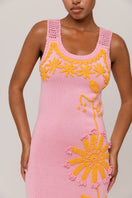 Golden daisy knit midi dress by Andreeva featuring handmade embroidery and a flowing, elegant design.
