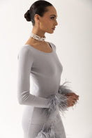 Gray cashmere knit top with detachable feather cuffs by Andreeva, featuring a soft texture and elegant design.