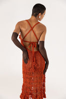 Handmade terracotta chrysanthemum crochet midi dress by Andreeva, featuring intricate floral details and a flowing silhouette.