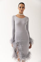 Andreeva grey cashmere knit top with detachable feather cuffs, stylish and cozy women's sweater featuring a chic design.