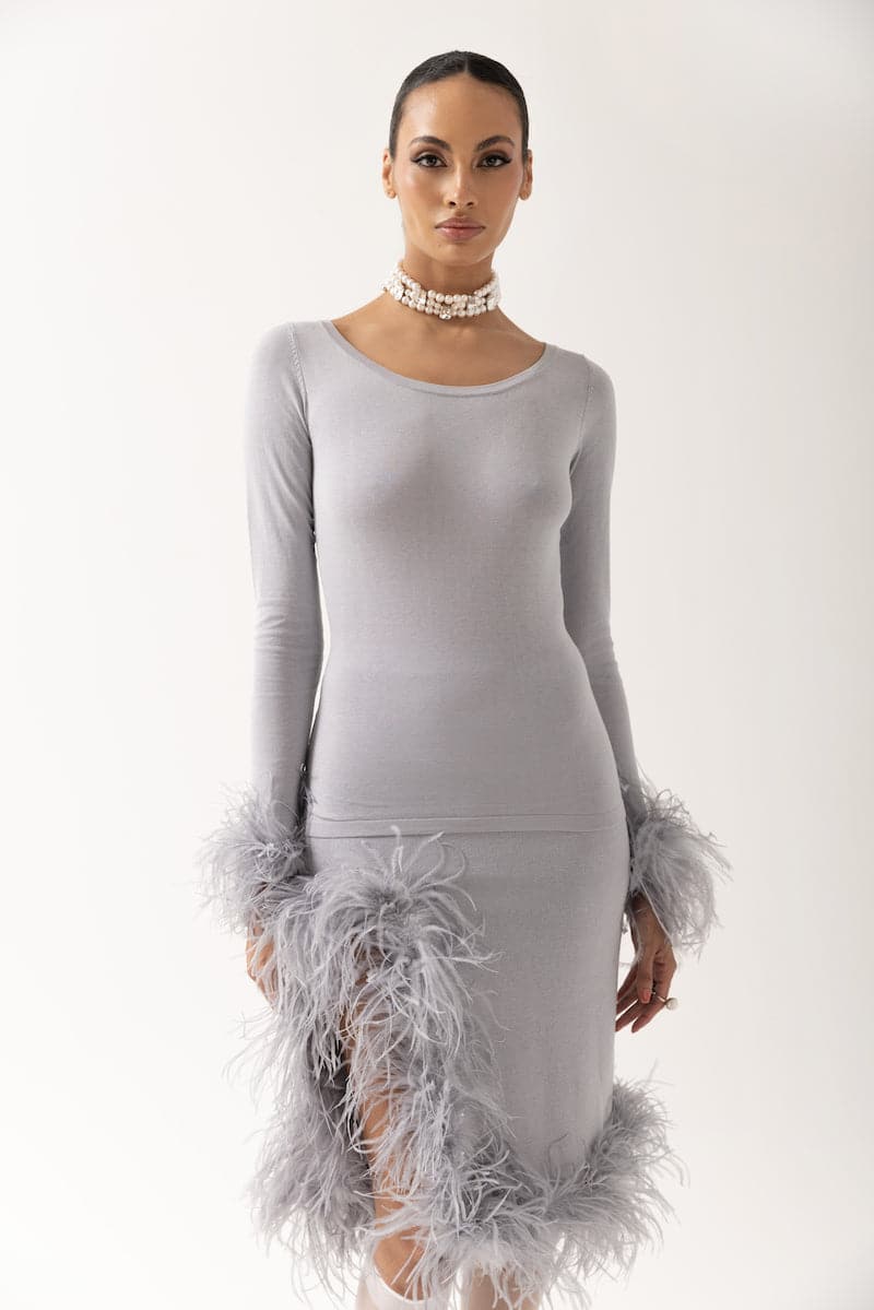 Andreeva grey cashmere knit top with detachable feather cuffs, stylish and cozy women's sweater featuring a chic design.