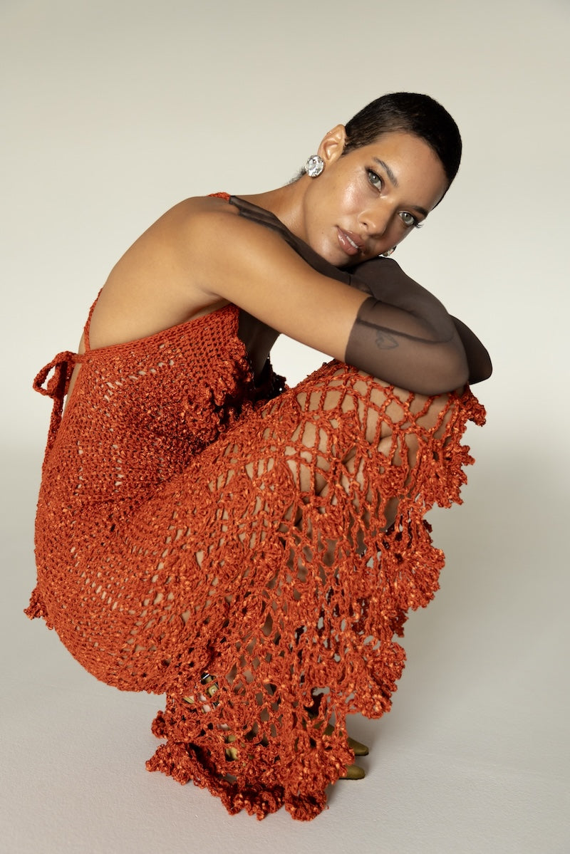 Handmade terracotta crochet chrysanthemum midi dress by Andreeva, featuring intricate floral patterns and a flowing silhouette.
