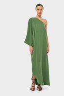 niLuu AquaFlora one-shoulder maxi dress in moss green, flowing fabric, elegant design, perfect for summer or special occasions.