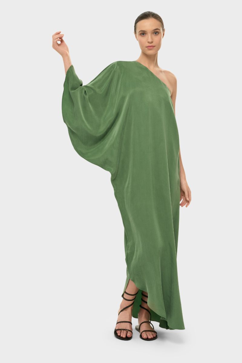 niLuu AQUAFLORA one-shoulder maxi dress in moss green, flowing chiffon fabric with elegant drape and stylish design.