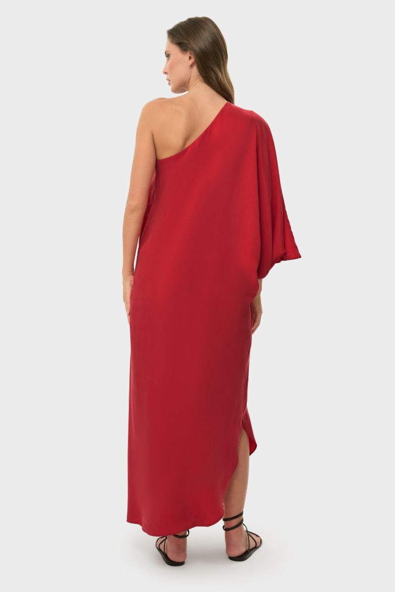 niLuu one-shoulder rouge maxi dress displayed on a hanger, flowing fabric and elegant design perfect for formal occasions