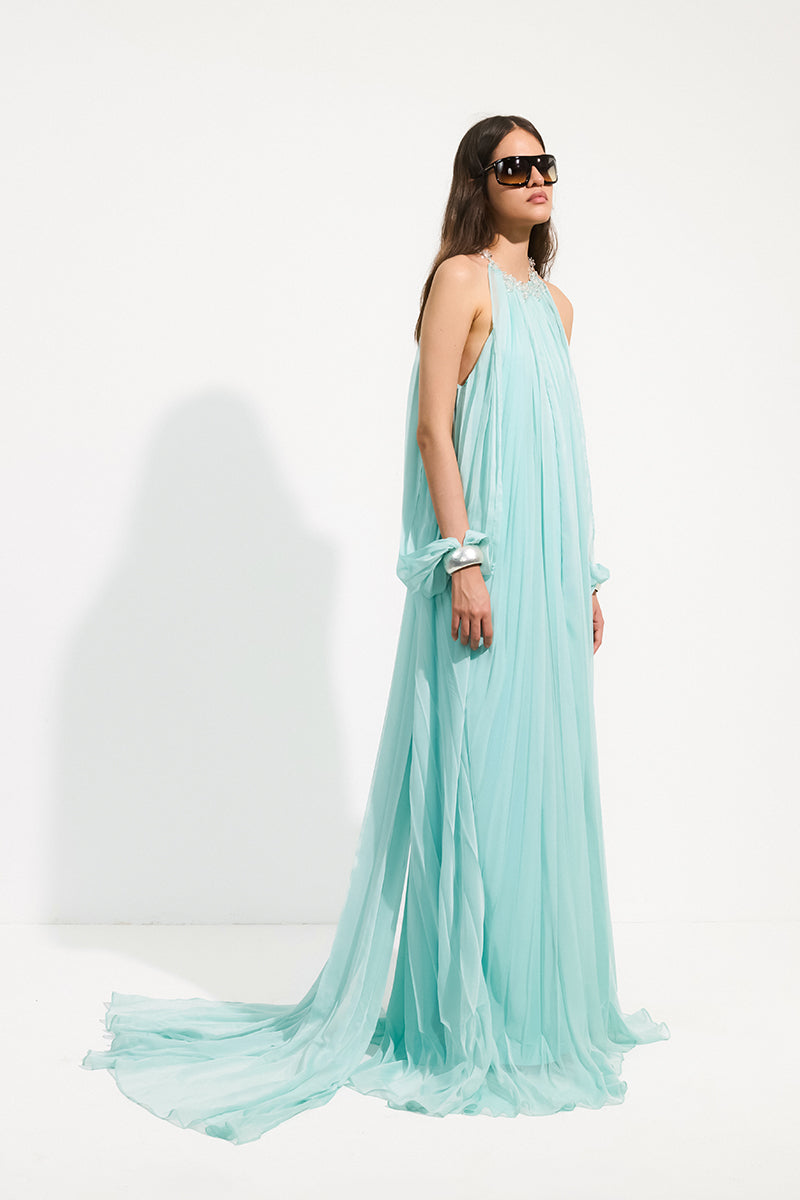 Urban Muse Ondine gown in aqua mint, flowing maxi dress with a relaxed fit and elegant drape, perfect for summer or casual occasions.