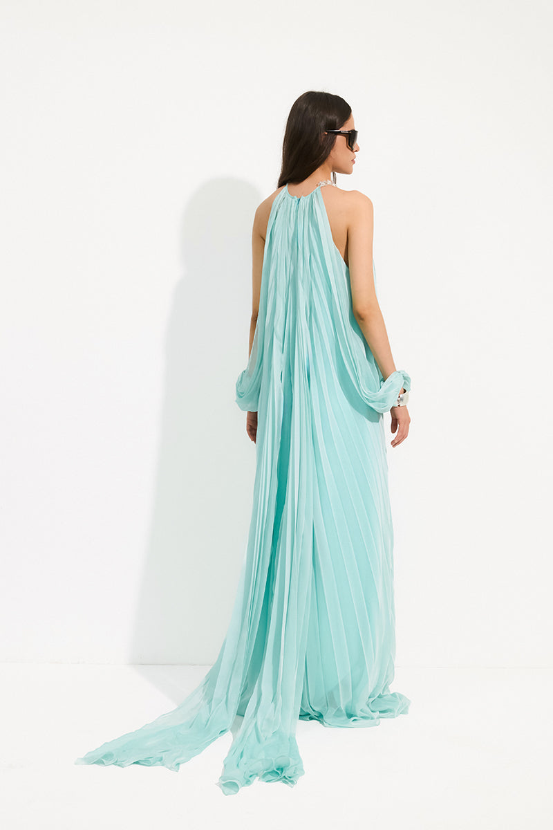 aqua pleated chiffon dress Azazie Dixie