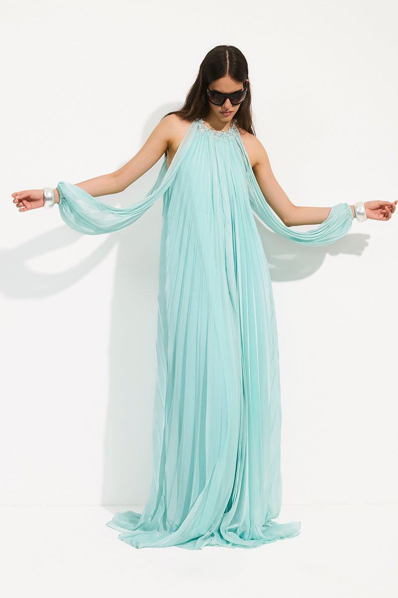 Urban Muse Ondine maxi gown in aqua mint, flowing dress with a lightweight fabric and elegant design, perfect for summer wear.