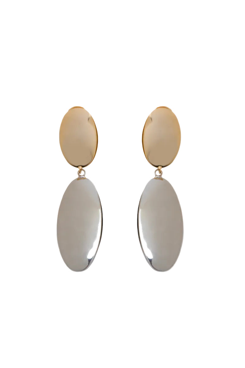 Silver and gold earrings from Silvia Gnecchi's TARA IN collection, featuring elegant design and mixed metal accents.