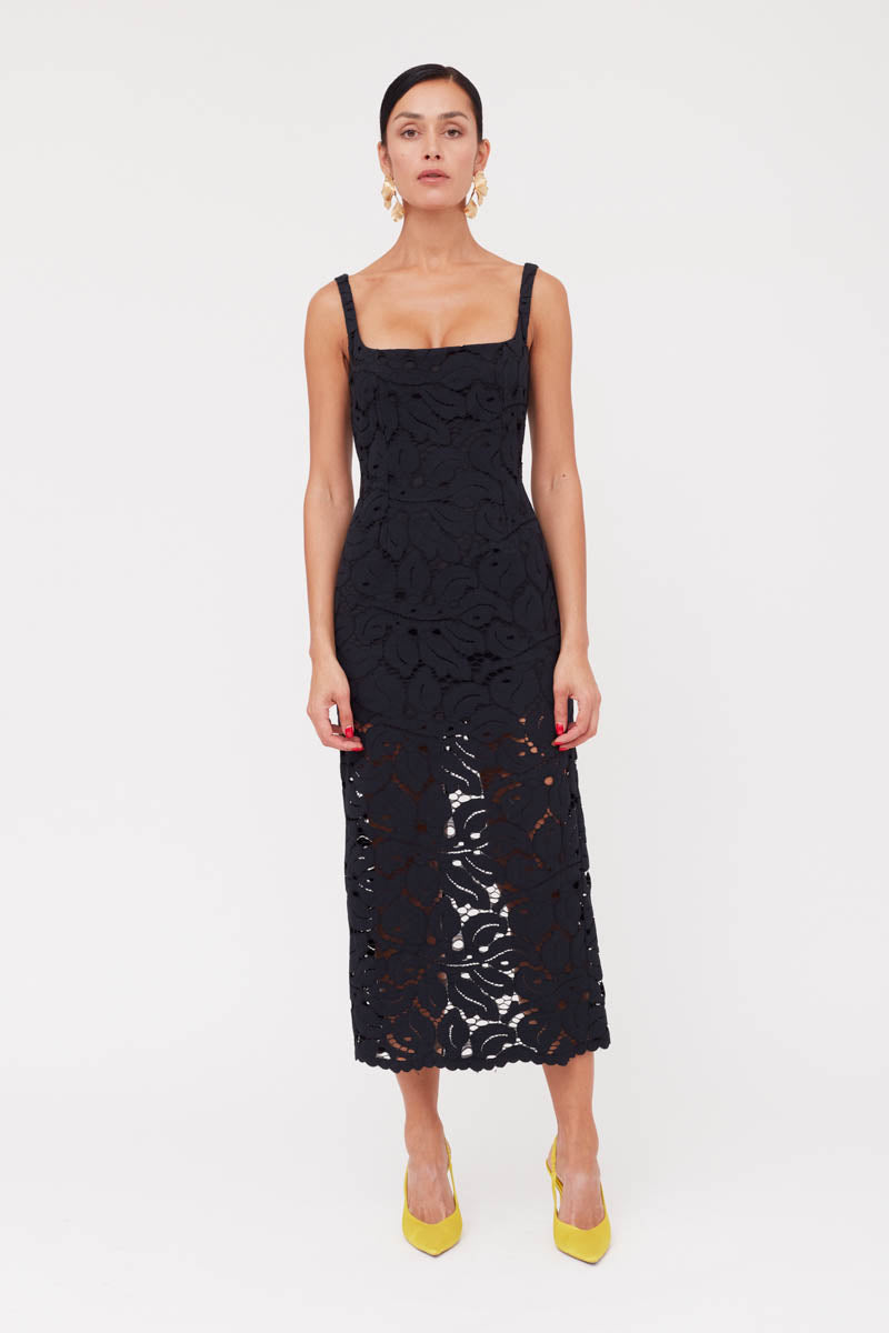 OTILIA BLACK LACE THE SQUARE SCOOP NECKLINE MIDI DRESS - CULT MIA