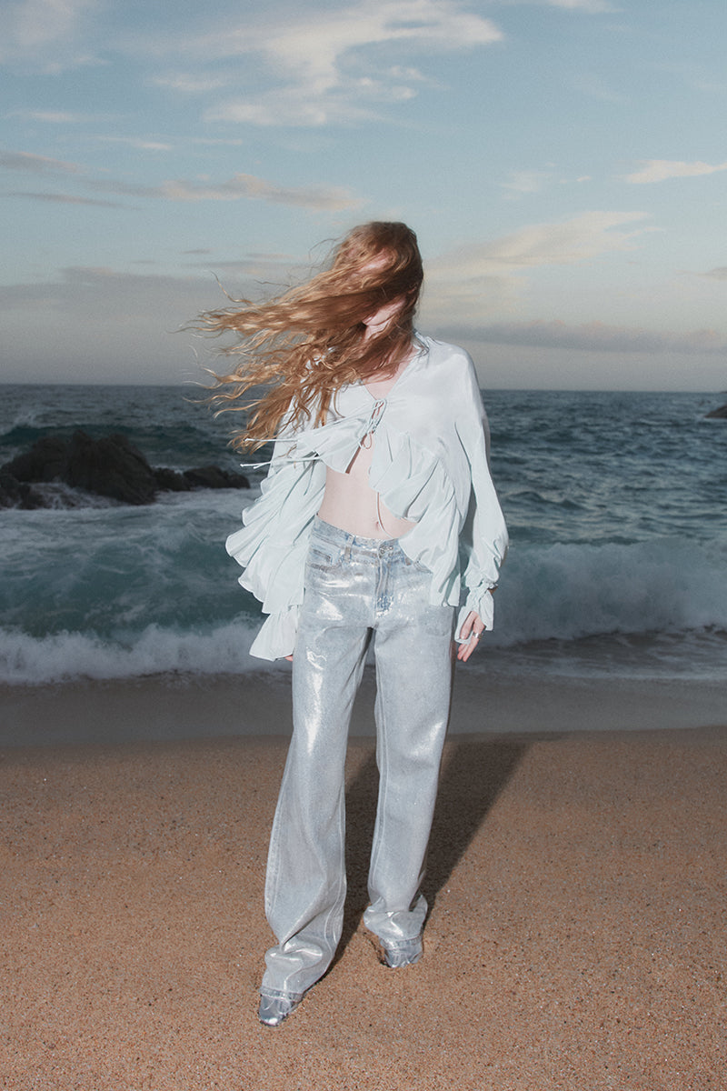 Sky blue splash blouse by OvertheSea, stylish women's top with a relaxed fit and artistic splash pattern.