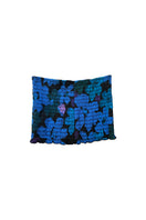 Blue printed mini skirt with shirred detailing from Chictopia, shown with a close-up of the fabric and gathered waist design.