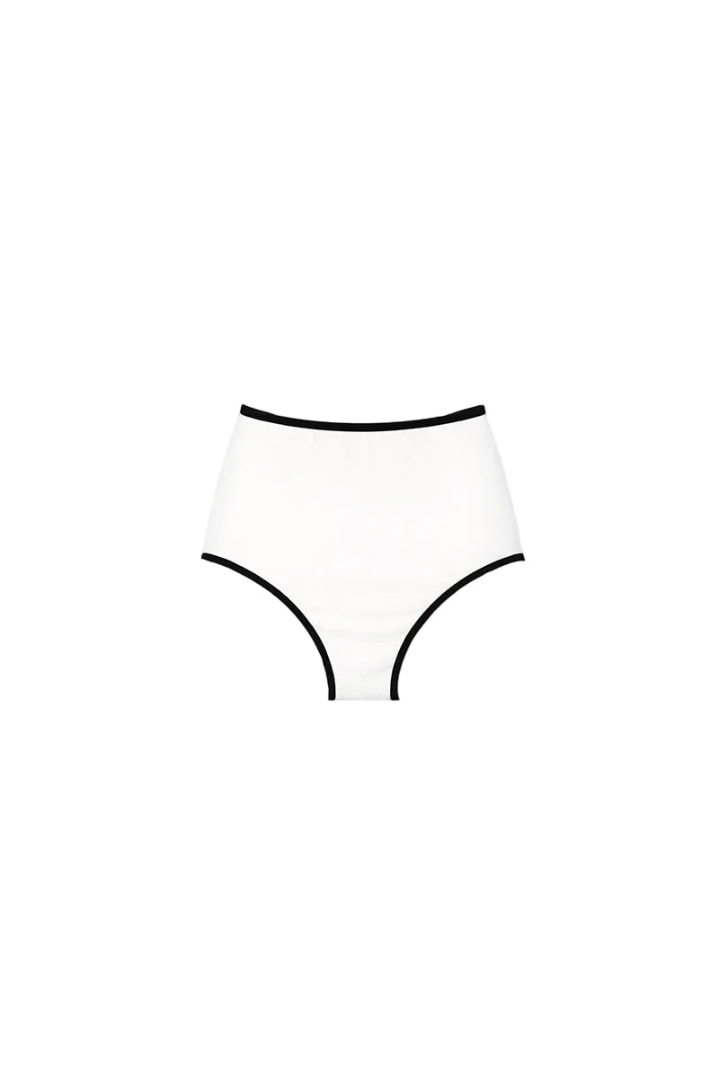 Verdelimon Oasis bikini bottom in white and black, shown from the front with a sleek, stylish design perfect for swimwear.